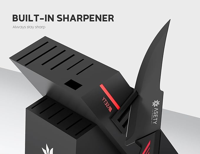Knife Set - 15 PCS Kitchen Knife Set with Built-in Knife Sharpener Block - Stainless Steel Knife Block Set - Dishwasher Safe, Elegant Box for Men Women, Red