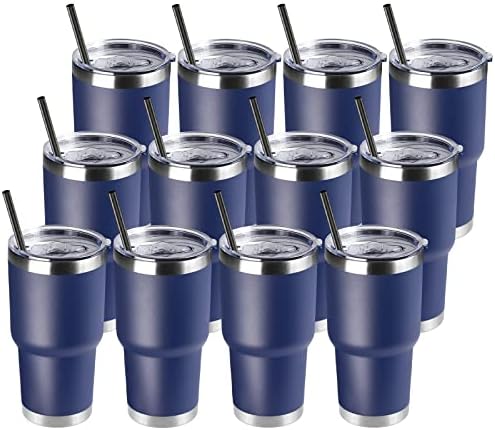 DOMICARE 30 oz Tumbler with Lid and Straw, Stainless Steel Tumblers Bulk, Insulated Vacuum Double Wall Travel Coffee Mug, Durable Powder Coated Tumbler Cups (Navy, 12)