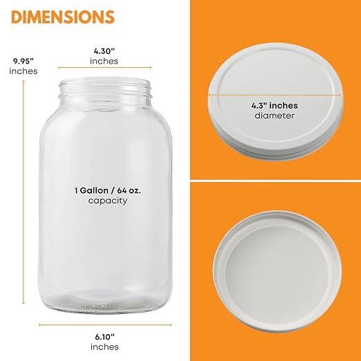FastRack - 1 Gallon Jar with White METAL Airtight Lid | Glass Canisters with Airtight Lids | Large Glass Jar with Fermentation Lid for brewing, fermentation and pickling