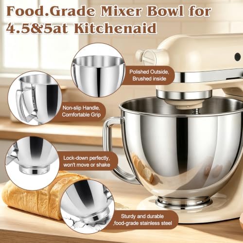 5QT Stainless Steel Mixer Bowl for KitchenAid 4.5 & 5 Quart Tilt-Head Mixer
