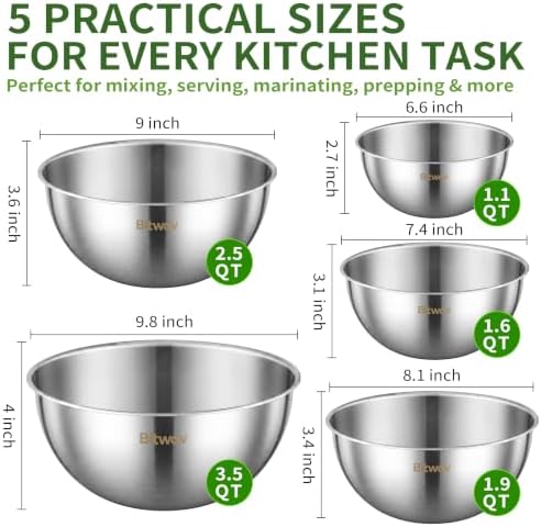 304 Stainless Steel Mixing Bowls Set of 5, 1.1/1.6/1.9/2.5/3.5 QT Food Grade Metal Bowls with Measurement Marks, Dishwasher Safe & Stackable Nesting for Baking, Salads, Meal Prep, RV & Camping