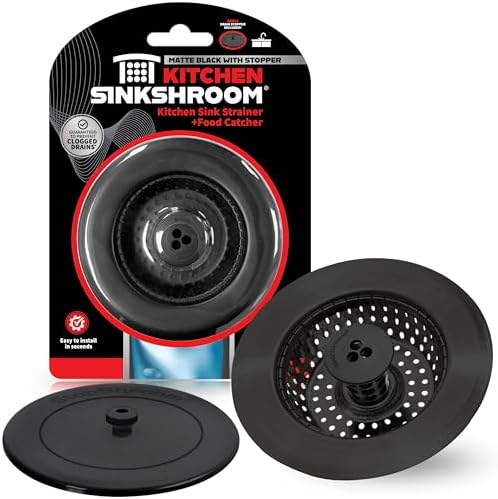 Kitchen SinkShroom Clog-Free Kitchen Sink Drain Strainer with Stopper - Sink Protector for Kitchen Sink, Stainless Steel, Matte Black