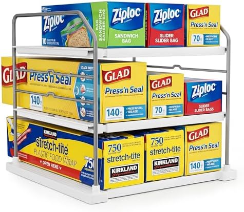 EVERIE Extendable 3-Tier Kitchen Cabinet & Pantry Organizer for Plastic Wrap, Foil & Storage Bags, Adjustable Heavy Duty Shelf Rack for Wrap Boxes, Jars & Snack Boxes (11–16.7 in Wide), Pack of 1