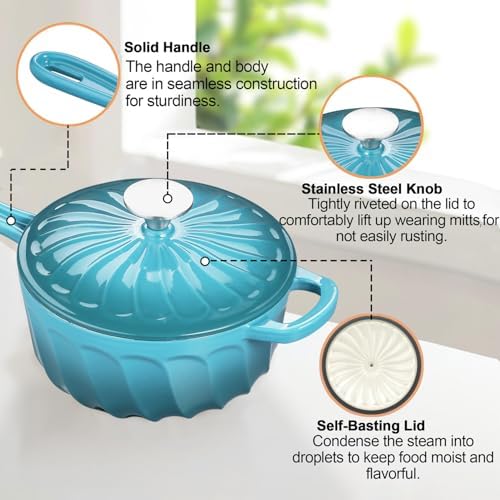 Enameled Cast Iron Sauce Pan with Lid, 2 Quart Saucepan with Lid