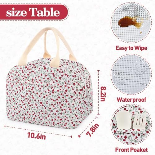Cotton Quilted Insulated Lunch Bag, Reusable Quilted Floral Lunch Tote Bags
