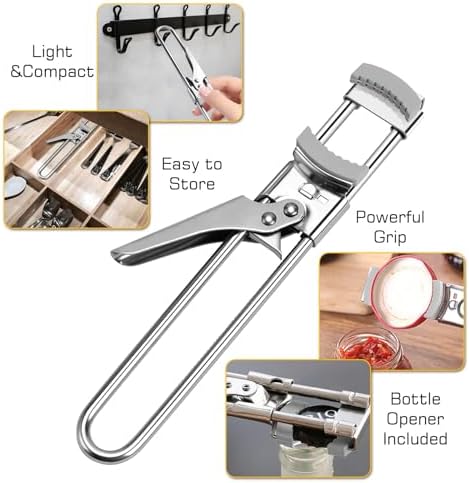 Jar Opener Bottle Opener, Adjustable Jar Openers, Multifunctional Stainless Steel Jar Lid Opener Gripper Can Opener for Weak Hands, Seniors with Arthritis, Manual, Kitchen Accessories