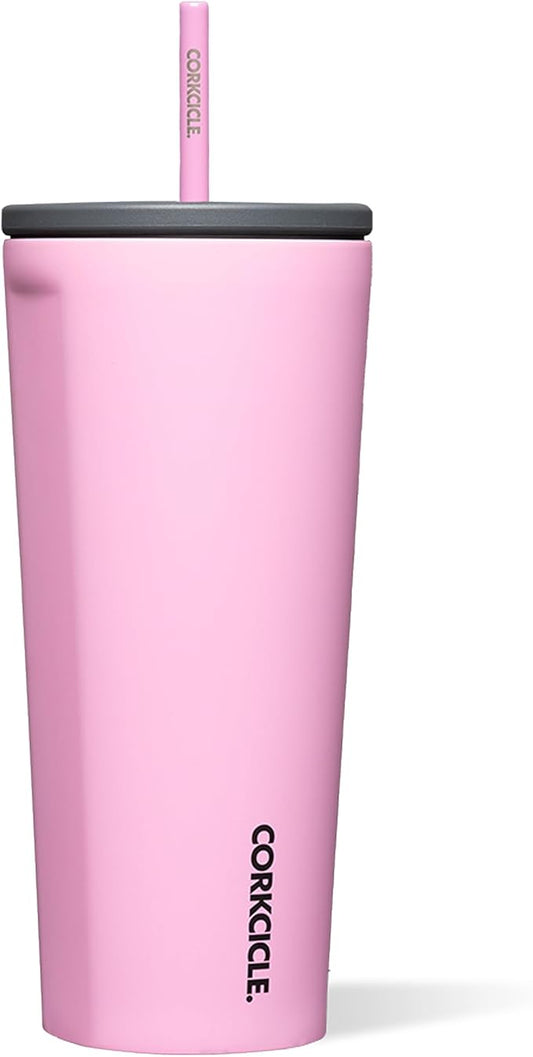 Corkcicle Cold Cup Insulated Tumbler with Straw - Keeps Drinks Cold for 12 Hours - Triple-Insulated Stainless Steel - Leak-Resistant Lid - Summer Drinkware Gift - 24 oz - Sun-Soaked Pink