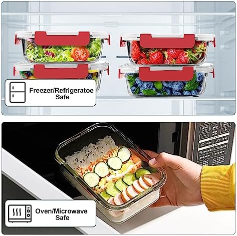 VERONES 10 PACK 22 OZ Glass Meal Prep Containers Set with Lids, Red