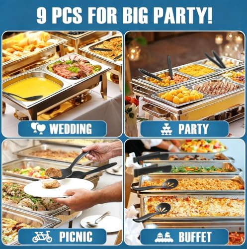 Reusable Plastic Serving Utensils Set of 9, Wheat straw Large Serving set 10" Serving Spoons/10" Slotted Spoons/9.4" Tongs, for Party Buffet Catering (Black, Not for Cooking)