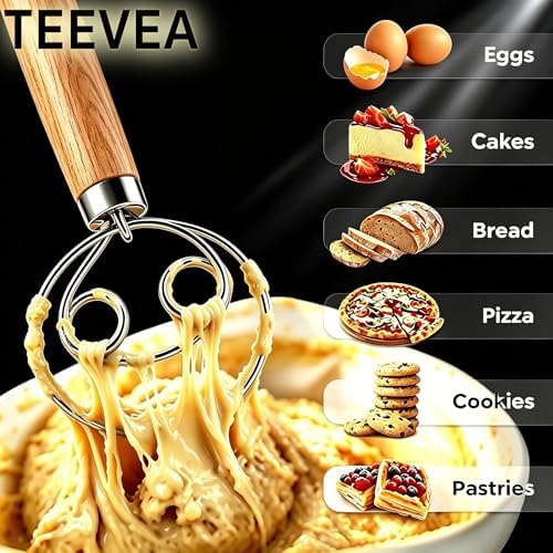 TEEVEA Danish Dough Whisk Stainless Steel Wooden Handle for Sourdough Bread (Pack of 2)