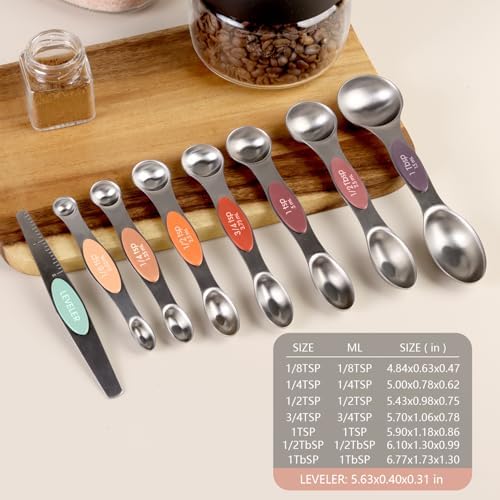 ChefAide Set of 8 Magnetic Measuring Spoons, Stainless Steel, Dual Sided
