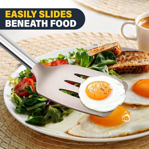 2 Pack Silicone Spatula Set, Solid & Slotted Turner for Non-Stick Pans, High Heat Resistant Silicone Spatula for Cooking, BPA-Free Stainless Steel Cooking Utensils for Fish, Eggs, Pancakes, Khaki
