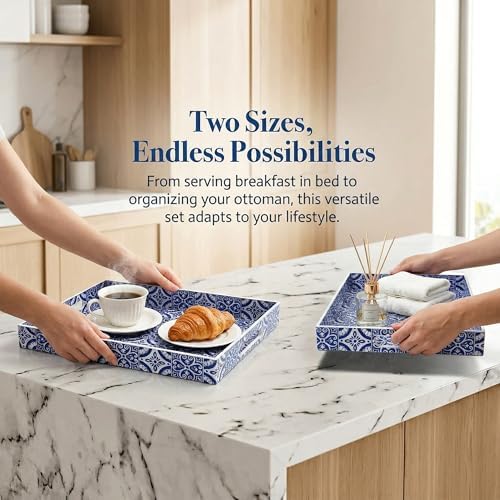 2 Pack Serving Tray with Handles, Rectangular Decorative Trays for Coffee Table, Modern Blue Plastic Ottoman Tray for Living Room, Bathroom, Kitchen, Decor, (Boho Blue)