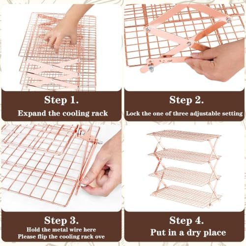 Pleafind 4 Tier Rose Gold Collapsible Cooling Rack - 3 Setting Design, Adjustable ＆ Stackable Baking Rack, 5 Modes Cooling Racks for Cooking and Baking, Roasting ＆ Grilling Gifts for Picnic Party