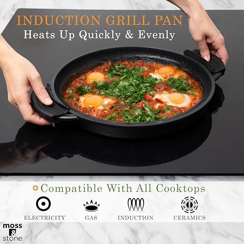 Moss & Stone 12" Grill Pan for Indoor Cooking, Nonstick Pan with Glass Lid