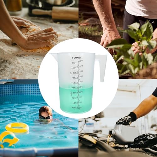 1 Gallon / 5 Quart / 5000 ml Large Plastic Measuring Pitcher with Handle, Clear Heavy Duty Mixing Pitcher with mL/QT/GAL Markings for Garden, Pool Chemicals, Motor Oil & Kitchen