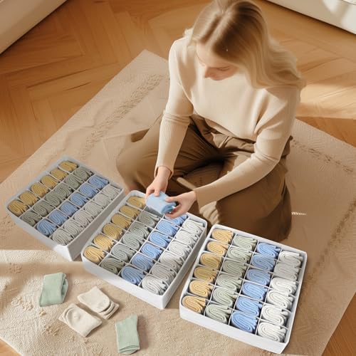 joyoldelf Sock Drawer Organizer Divider Underwear Organizer 24-cell Fabric Dresser Drawer Organizers Storage Boxes for Socks Lingerie, Handkerchiefs, Ties 4 Pack (White)