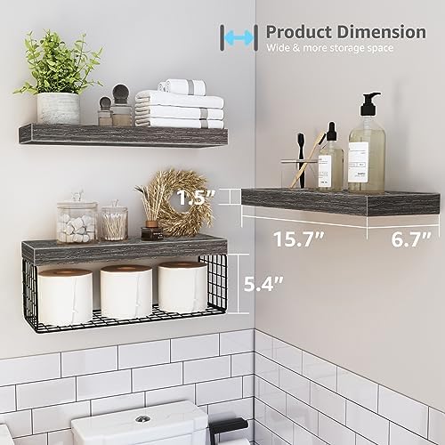 QEEIG Bathroom Shelves Over Toilet Wall Mounted (Grey, Set of 3, 15.7")