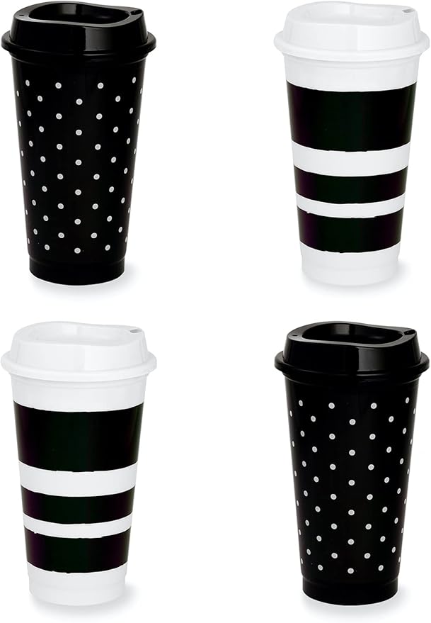 kate spade new york Black/White Reusable Coffee Cups with Lids, Travel Tumbler Set of 4, 16oz BPA-Free Plastic Cups with Lids, Coffee Mugs for Hot or Cold Drinks, Dots and Stripes