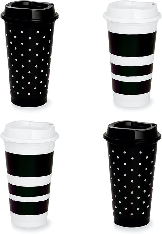 kate spade new york Black/White Reusable Coffee Cups with Lids, Travel Tumbler Set of 4, 16oz BPA-Free Plastic Cups with Lids, Coffee Mugs for Hot or Cold Drinks, Dots and Stripes