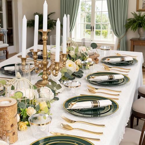 WDF Partyware 350PCS Green and Gold Plates - Green Plastic Plates 50Guests Plastic Plate with Rolled Napkins for Party/Birthday/Wedding