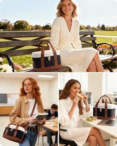 LOVEVOOK Insulated Lunch Box for Women Men, Reusable Lunch Bag with Large Capacity, Leakproof Cooler Lunch Tote for Work, Office, Outdoor Use, Black-beige-brown