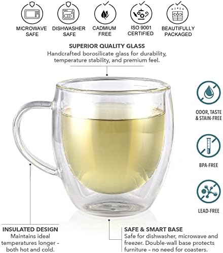 Teabloom Double Walled Cups – 8 oz / 250 ml – Set of 4 Insulated Glass Cups for Tea, Coffee, Espresso, and More – Clarity Glasses