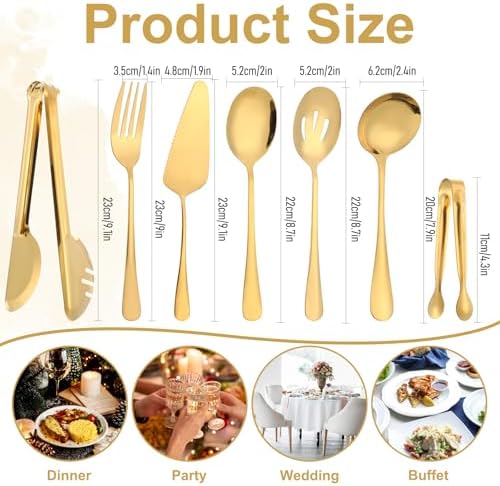 12Pcs Gold Serving Utensils Set, Stainless Steel Serving Utensils Set includes Serving Spoon, Serving Solted Spoons, Fork, Sugar Tongs, Food Tongs, Cake Spatula, Soup Spoon for Parties, Buffet