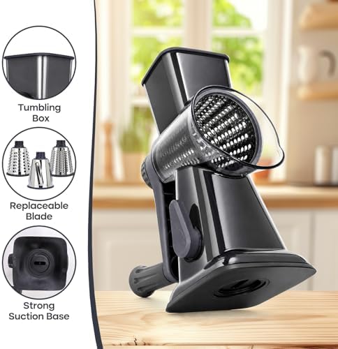 Rotary Cheese Grater, Cheese Grater Hand Crank, 3-Blade Grater