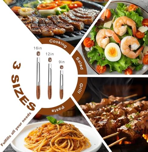 9"+12"+16" Wooden Tongs for Cooking – Locking Wooden Tongs with Non-Slip Handles & Hanging Hole, Wood Tip Serving Tongs for BBQ, Salad & Grilling (9"+12"+16")