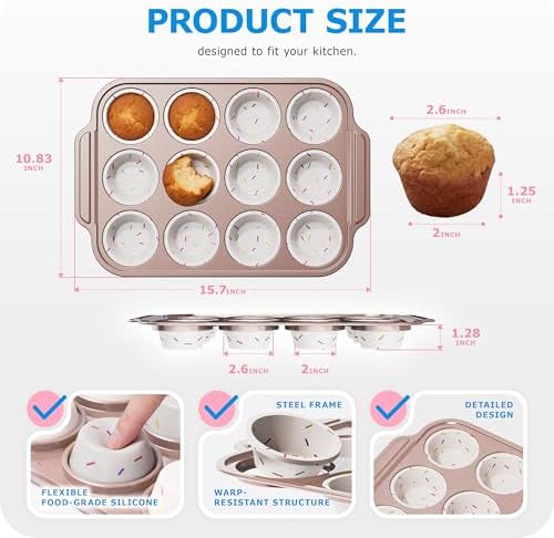 Silicone Muffin Pan for Baking with Metal Frame, 12 Cup Regular Size Cupcake Pan, Nonstick Food Grade Silicone Muffin Tin for Baking, Easy Release Egg Bite Molds, BPA Free