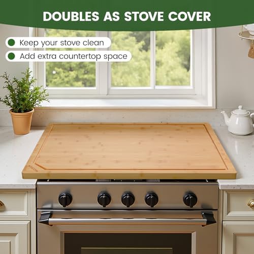 Kikcoin 36”×24” Bamboo Cutting Boards for Kitchen, Heavy Duty Wooden Cutting Boards, Healthy Extra Large Chopping Boards with Deep Juice Groove and Handle, Oversized Stove Top Cover, Natural