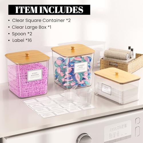 HomePekite Laundry Pods Storage Container, Clear Acrylic Laundry Room Organization and Storage ,Detergent Powder Container,with Wooden Lids & Labels, 2+1 Pack
