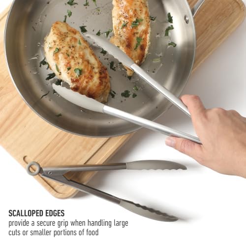 Calphalon Edge Tongs Set, 2-Piece Stainless Steel Kitchen Tongs Set with Silicone Heads, Includes 9-Inch & 12-Inch Heat-Resistant Locking Tongs for Cooking, Grilling & Serving, Taupe