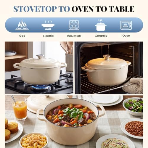 DUMOS Cast Iron Dutch Oven, 6 Quart Pot with Lid, Enameled Heavy Duty Cookware, Oven Safe to 500°F, Perfect for Bread Baking, Stews and Roasting, Moisture Sealing Lid with Dual Handles, Beige