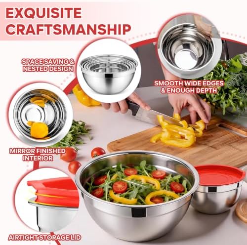 E-far Mixing Bowls with Lids Set, Stainless Steel Cooking Salad Bowls, Red