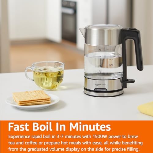 Amazon Basics Electric Kettle with Glass Carafe for Tea and Coffee, Fast Boiling, Auto Shut-Off, Boil-Dry Protection, Temperature Control, Removable Filter, 1 Liter, 1500W, BPA-Free