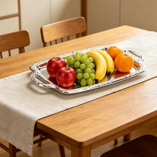 4-Pack Large Rectangle Silver Serving Trays, 15.4" x 9.3" Stainless Steel Mirror Finish Platters for Party, Wedding, Buffet, Dessert, Appetizer and Catering Display