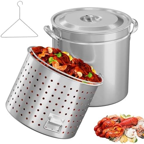Bonnlo 102QT Stainless Steel Stock Pot for Boiling Seafood, Crawfish lobster & Crab, Frying Turkey & Steaming Tamales, Large Boil Pot with Steamer Basket, Lid, Lifting Hook for Outdoor Cooking Patio