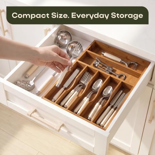 ROYAL CRAFT WOOD Luxury Bamboo Utensil Rack and Silverware Organizer, Kitchen Drawer Organizer - Utensil Holder and Cutlery Tray with Grooved Drawer Dividers for Flatware 7 Slot