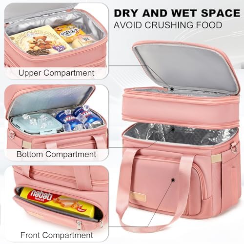 MAPLELILY Lunch Box for Men Women - Double Deck Insulated Lunch Bag, Large Leak Proof Tote Cooler, Wide Open Dual Compartment Lunch Bags with Shoulder Strap, For Work Picnic Hiking Beach, Pink