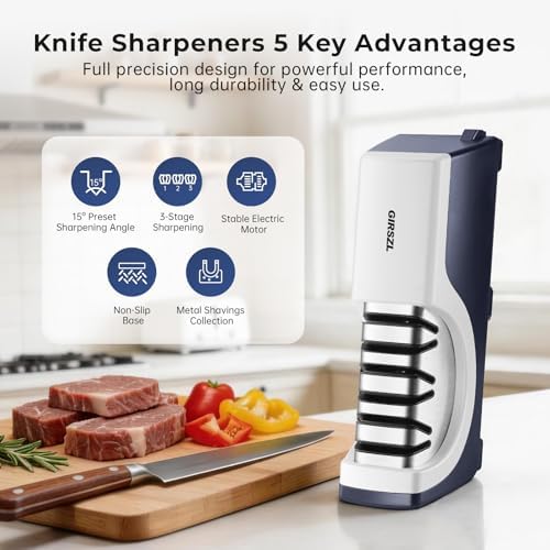 Kitchen Professional Electric Knife Sharpener: 3-Stage 100% Diamond Knife Sharpeners - 15° Precision Electric Sharpening Tool to Restore & Polish Chef Knives | Gift Choice for Chefs & Dads
