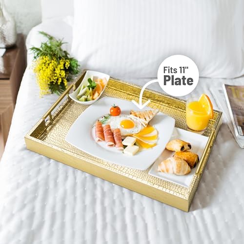 ATZYmolin 17"x12" Leather Serving Tray, Gold Handle Vanity Platter, Gold