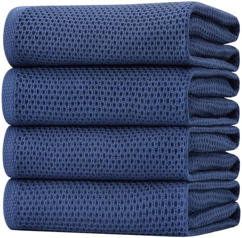 Homaxy 100% Cotton Oversized Waffle Weave Kitchen Towels 4-Pack, Navy Blue