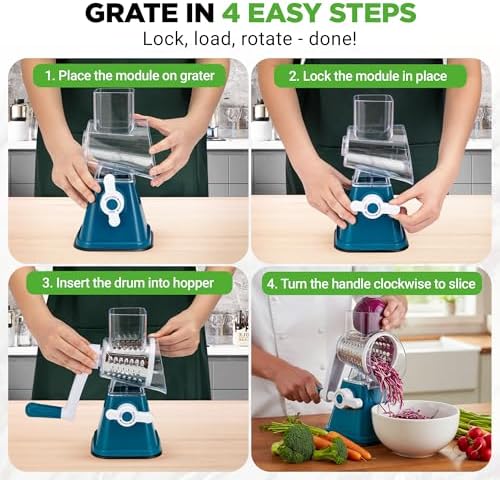 NutriChef 3 in 1 Cheese Grater & Shredder | Strong Suction Base, Rotary Handle with Safety Lock | Includes Hand Crank & 3 Drum Blades for 3 Textures, Fine, Medium & Strips | Blue