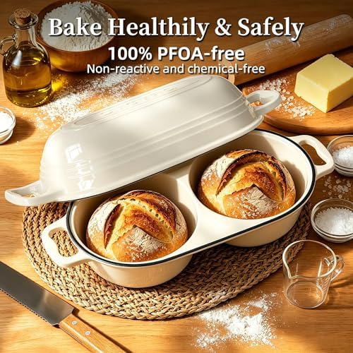 Enameled Cast Iron Double Round Bread Loaf Pot with Lid –Cream White