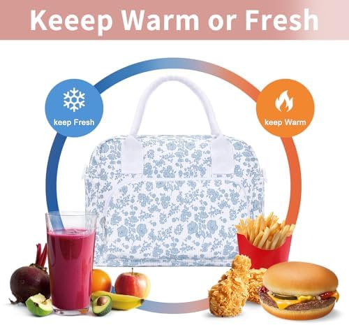Lunch Bag Women Lunch Box for Women Adult Cute Insulated Lunch Bag Lager Cooler Lunch Tote Bags for Work Picnic (Blue-Floral)