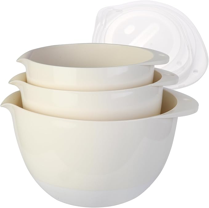 3 Plastic Mixing Bowls with Pour Spout,Lids and TPR Non-Slip Bottom,1.5Qt,2Qt,3Qt,Mini,Small,Middle,Nesting Bowl Set for Kitchen Prep,Baking,Storage,Batter,BPA free,Easy to Grip,White