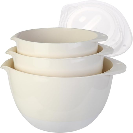 3 Plastic Mixing Bowls with Pour Spout,Lids and TPR Non-Slip Bottom,1.5Qt,2Qt,3Qt,Mini,Small,Middle,Nesting Bowl Set for Kitchen Prep,Baking,Storage,Batter,BPA free,Easy to Grip,White