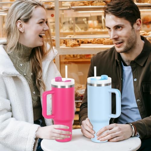 4 Pack 40 Oz Tumblers with Handle Bulk, Double Wall Vacuum Insulated Stainless Steel Tumblers with Lid and Straw, 40 oz Cups with Silicone Spill Proof Stopper Set (Sky Blue)
